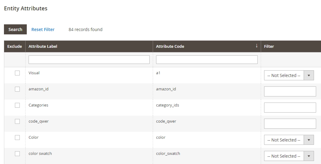 Select what product attributes to exclude