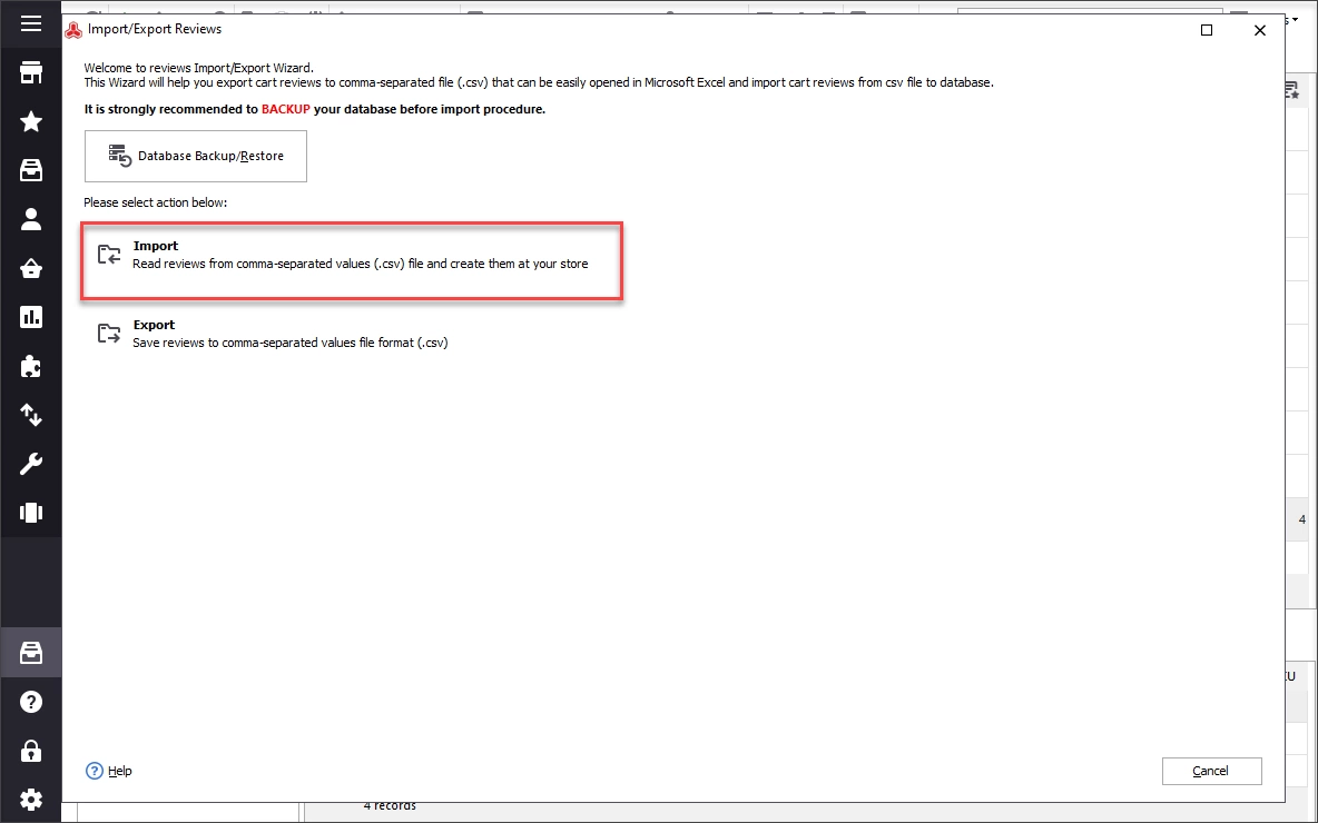 In the 'Welcome' window, select 'Import'