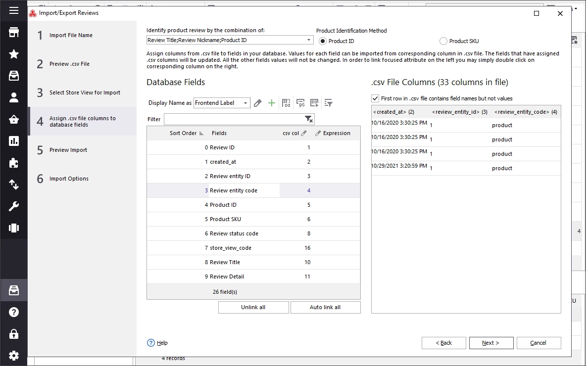 Select identifiers for products and reviews and map database fields to CSV columns