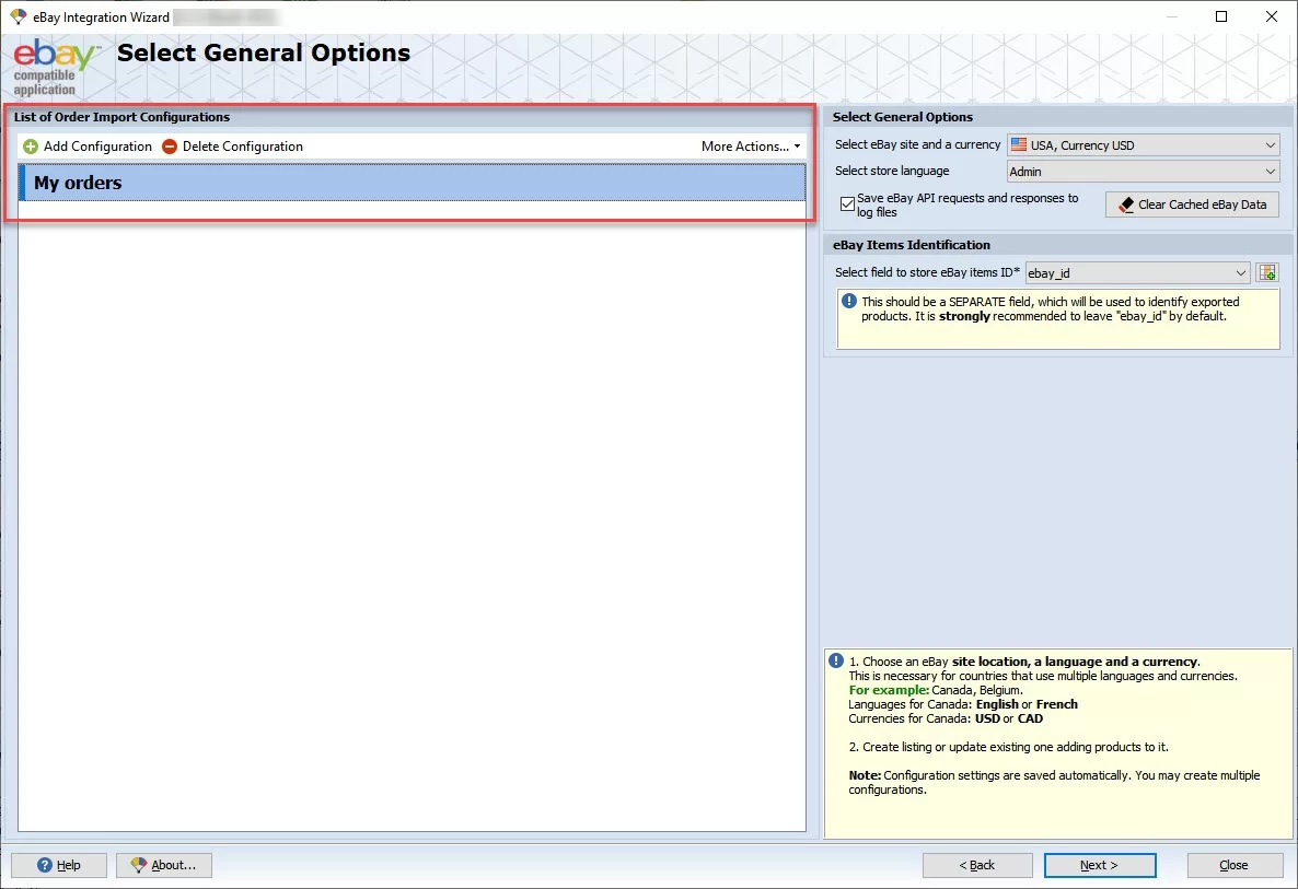 eBay Order Import Manage Configurations