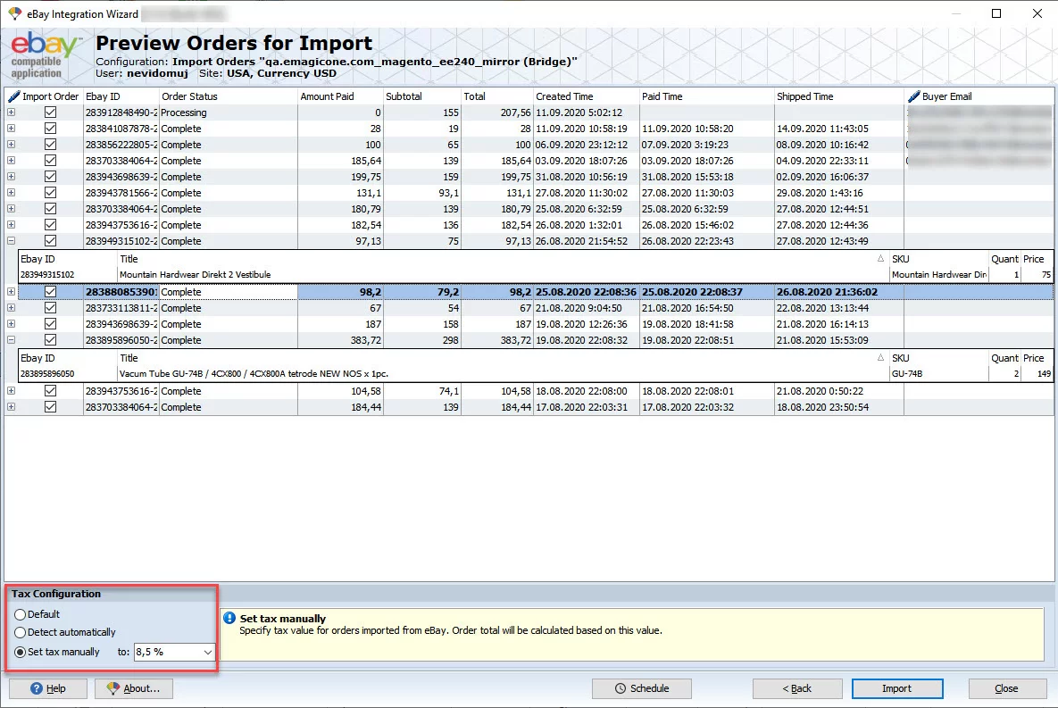 eBay Order Import Set Tax Manually
