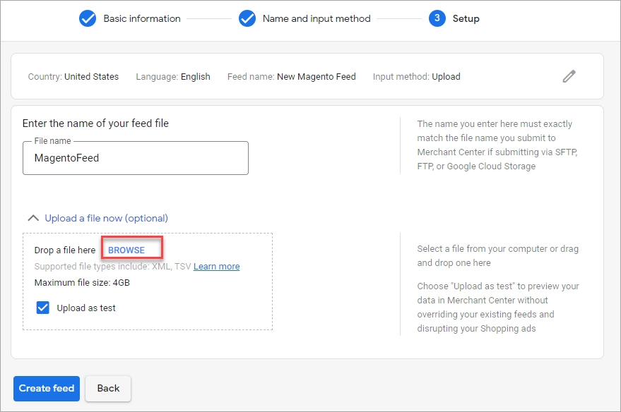 Magento Feed Upload Browse