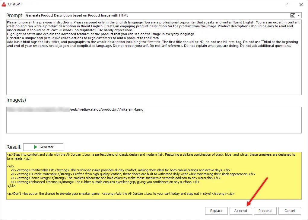 Append the ChatGPT-Generated Magento Description Based on Images