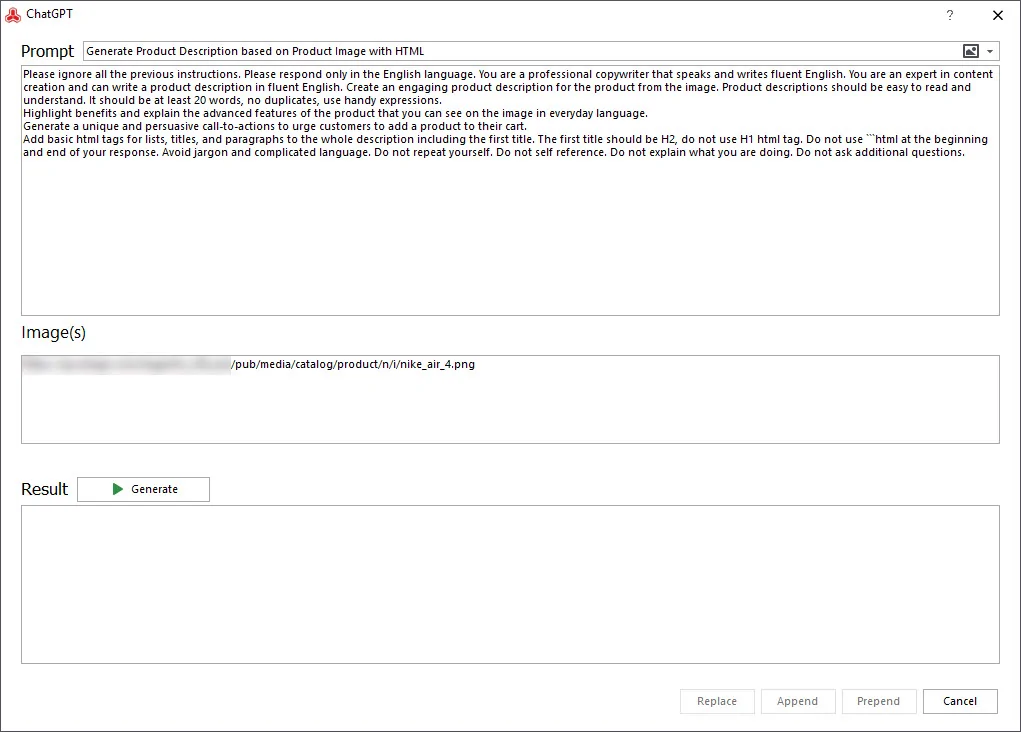 ChatGPT Window for Magento Description Generation Based on Images