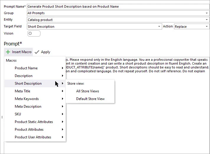 ChatGPT Prompt Macros in Store Manager for Magento