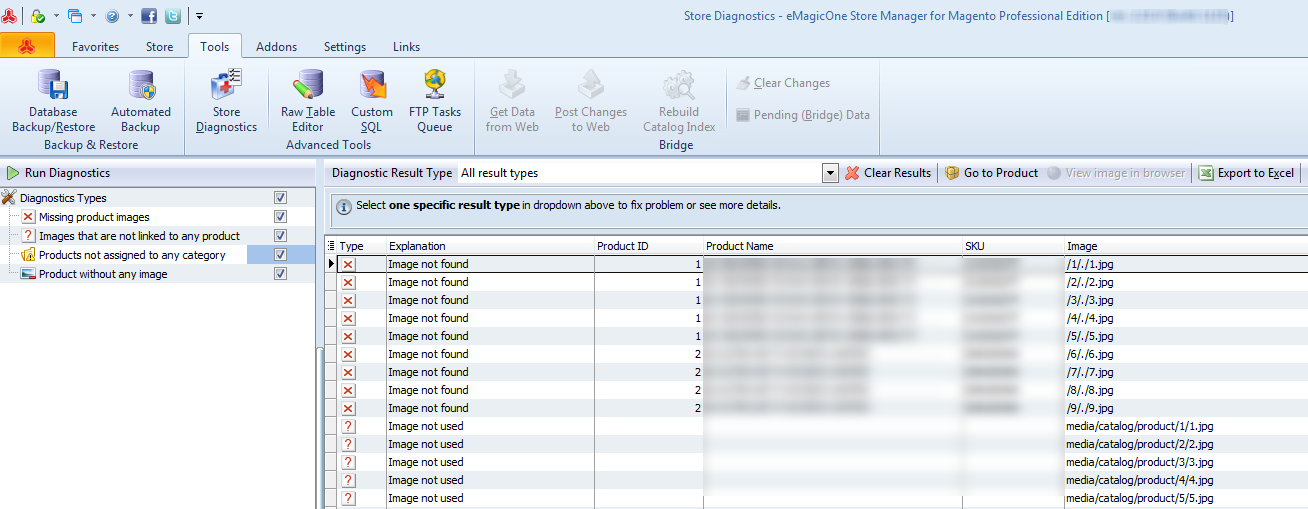 Diagnostics Types of Professional Edition of Store Manager
