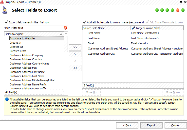 Drag fields to be exported to the right pane