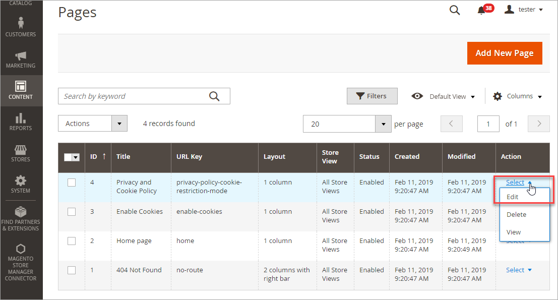 Magento 2 Edit Page to Close from Indexing