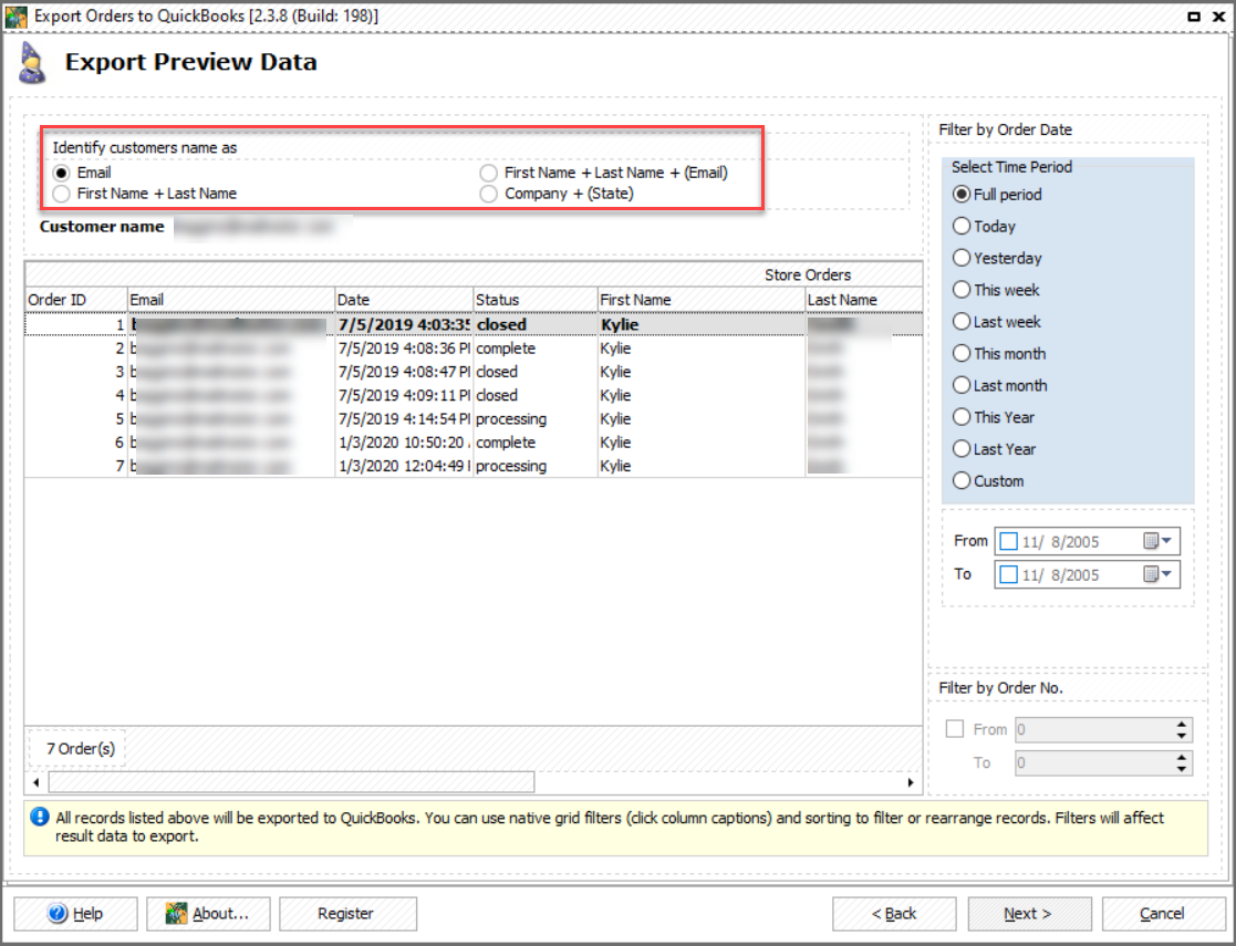 Order Data Preview During Export to QuickBooks