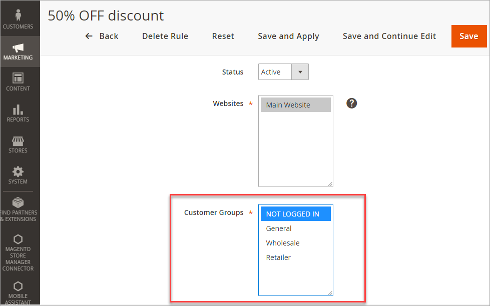 Customer Groups in Magento Price Rules Settings