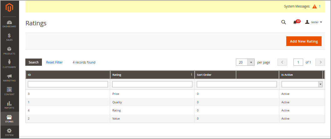Rating Section in the Magento Admin Panel