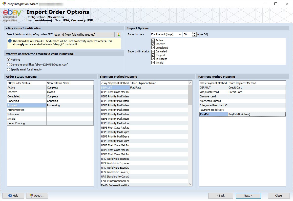 eBay Import Order Options and Mapping