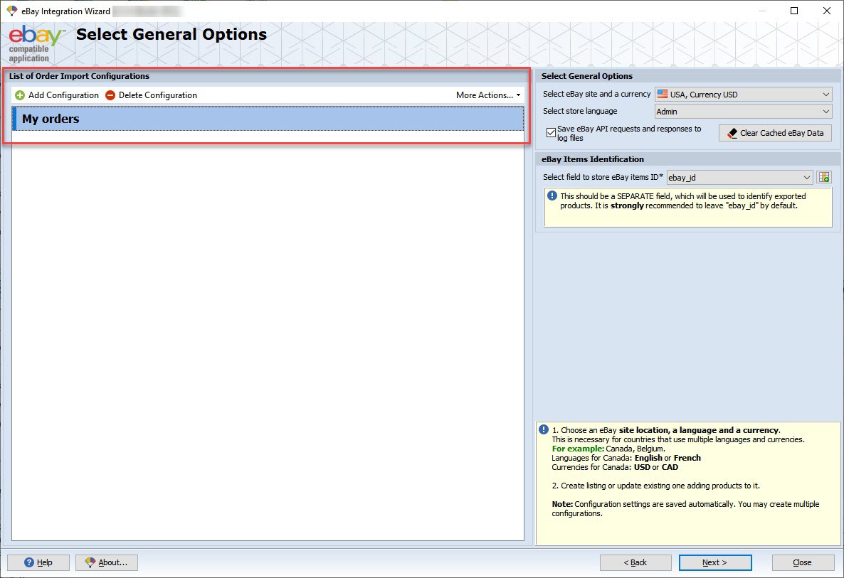eBay Order Import Manage Configurations