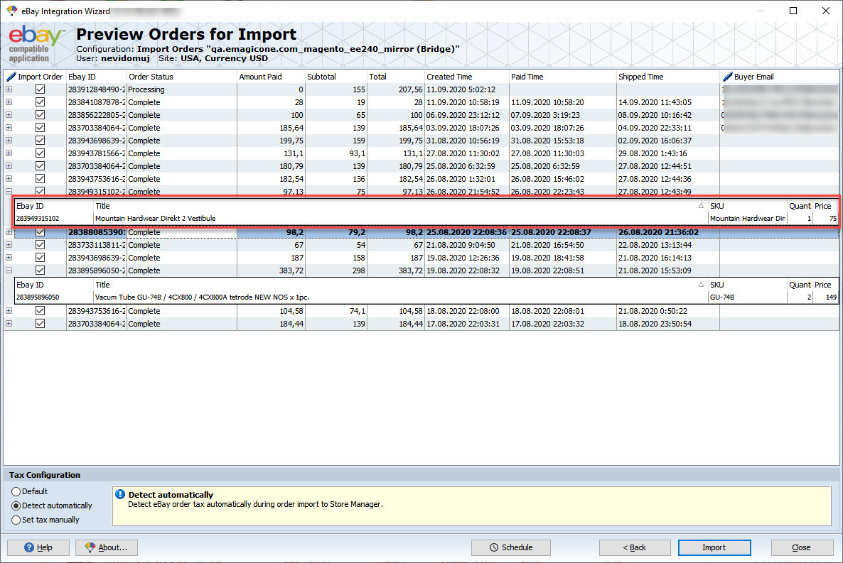 eBay Order Import Preview Details