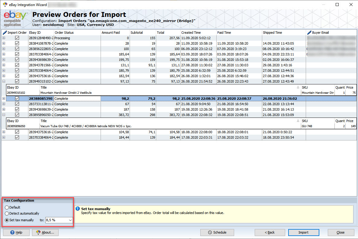 eBay Order Import Set Tax Manually