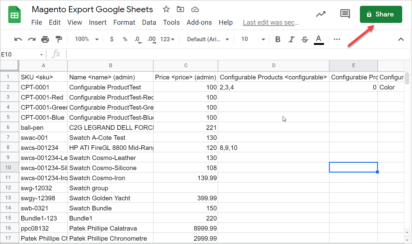 Magento Products In Google Sheets