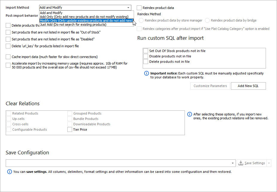 Select Import Options