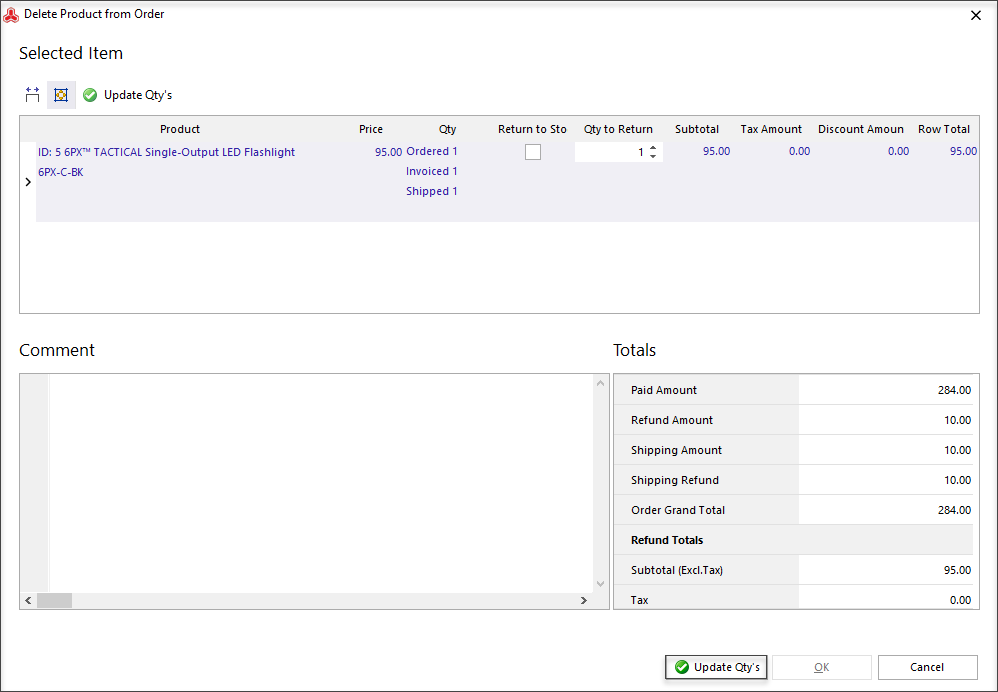 Delete product from order and update quantity