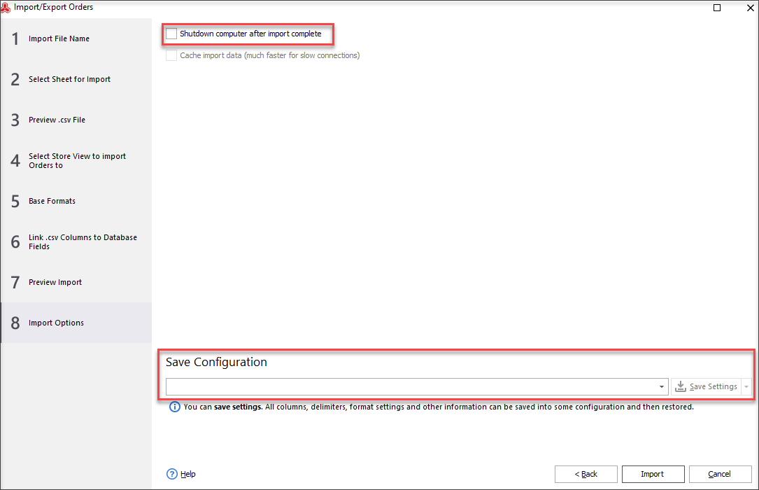 Specify Magento Orders Import Options and Save Configuration