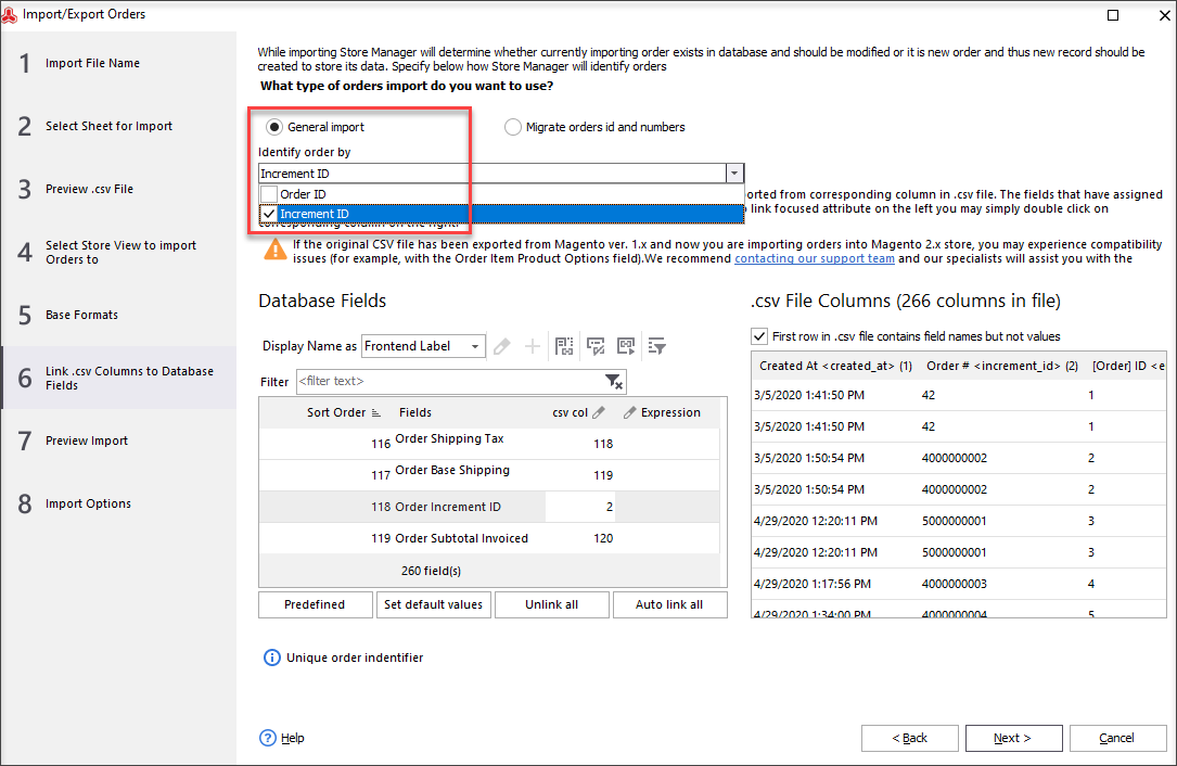 Choose Import Type and Link CSV Columns to Database Fields to Import Orders to Magento Correctly