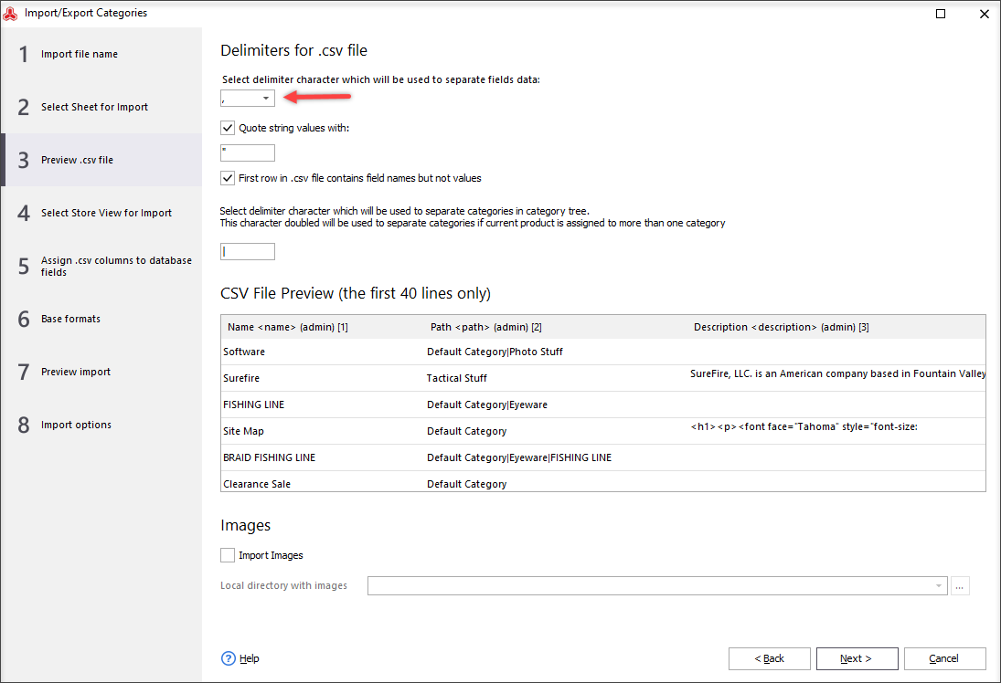 Magento Store Manager Category Import Preview and Delimiters