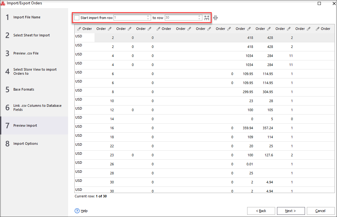 Select Rows to Import Certain Orders to Magento from the File