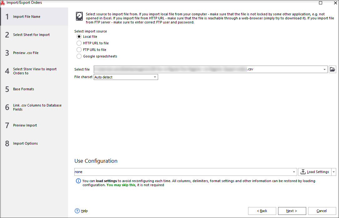 Select a CSV or TXT File With Orders or Provide an FTP or HTTP link