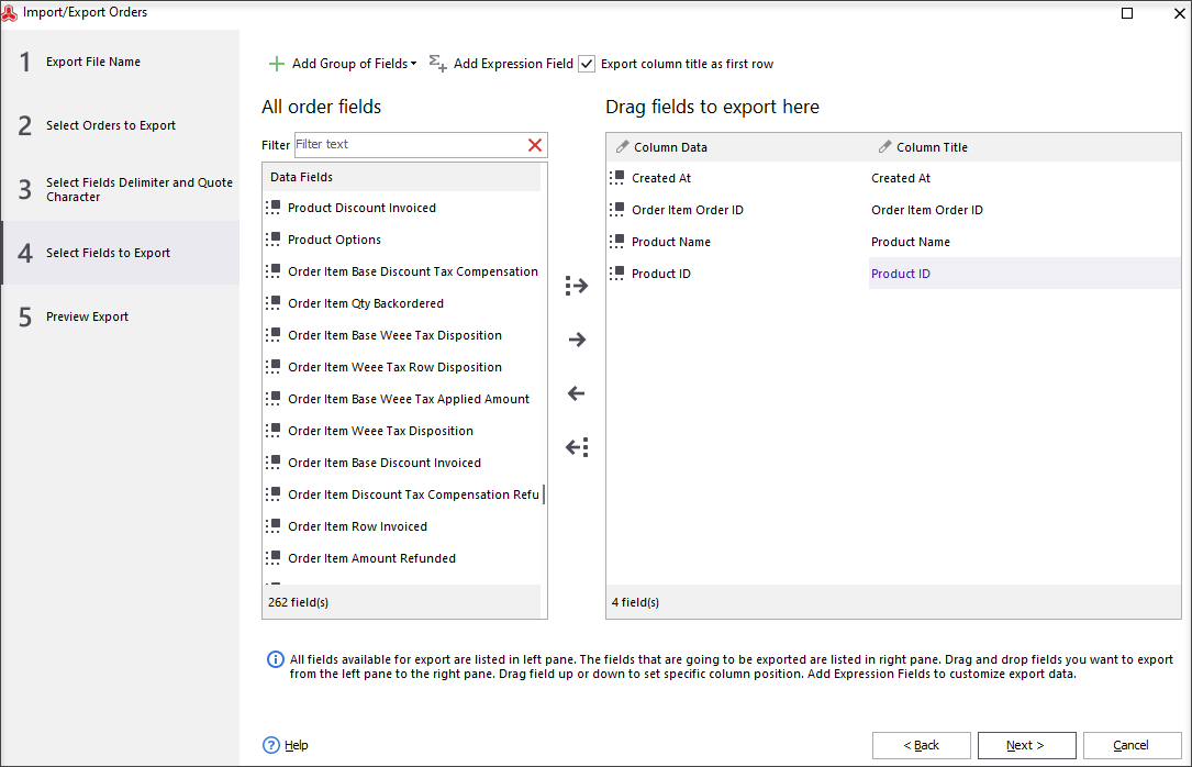 In the Wizard Select Fields from the Orders Section to Export from Magento