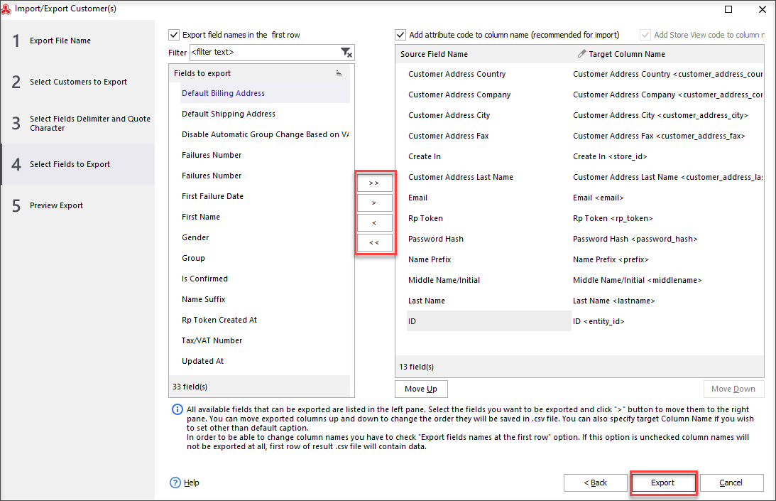 select fields to be exported