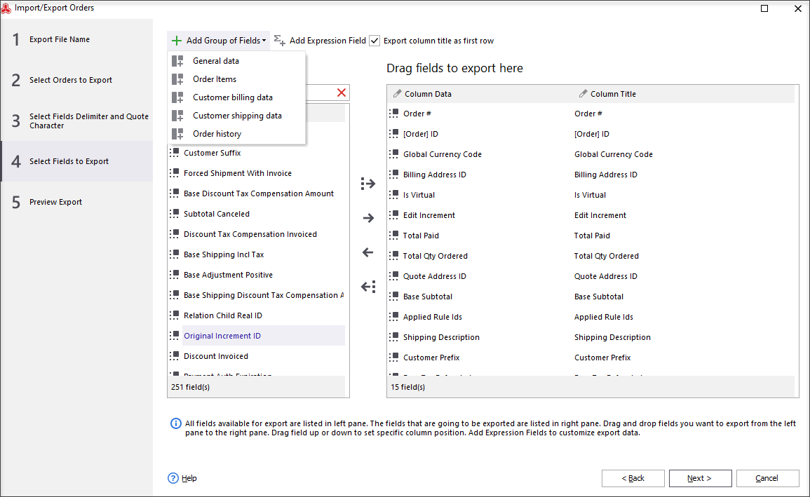 Select Fields to Export