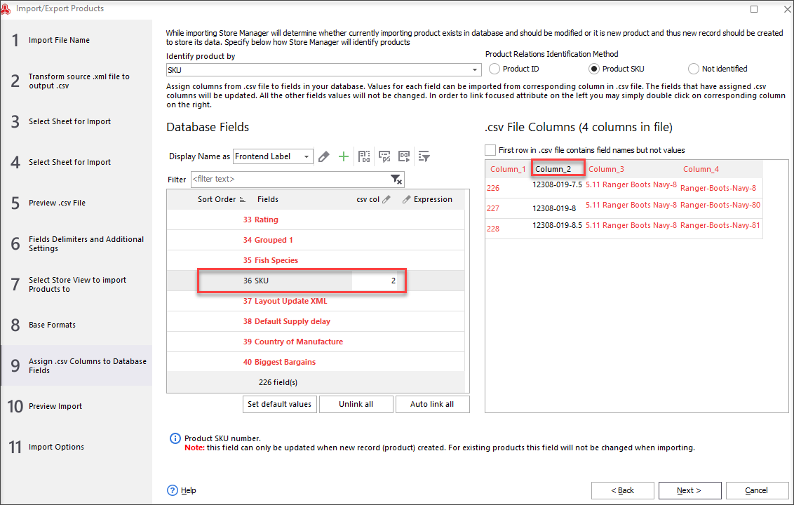 Assign SKU .csv Column to SKU Field