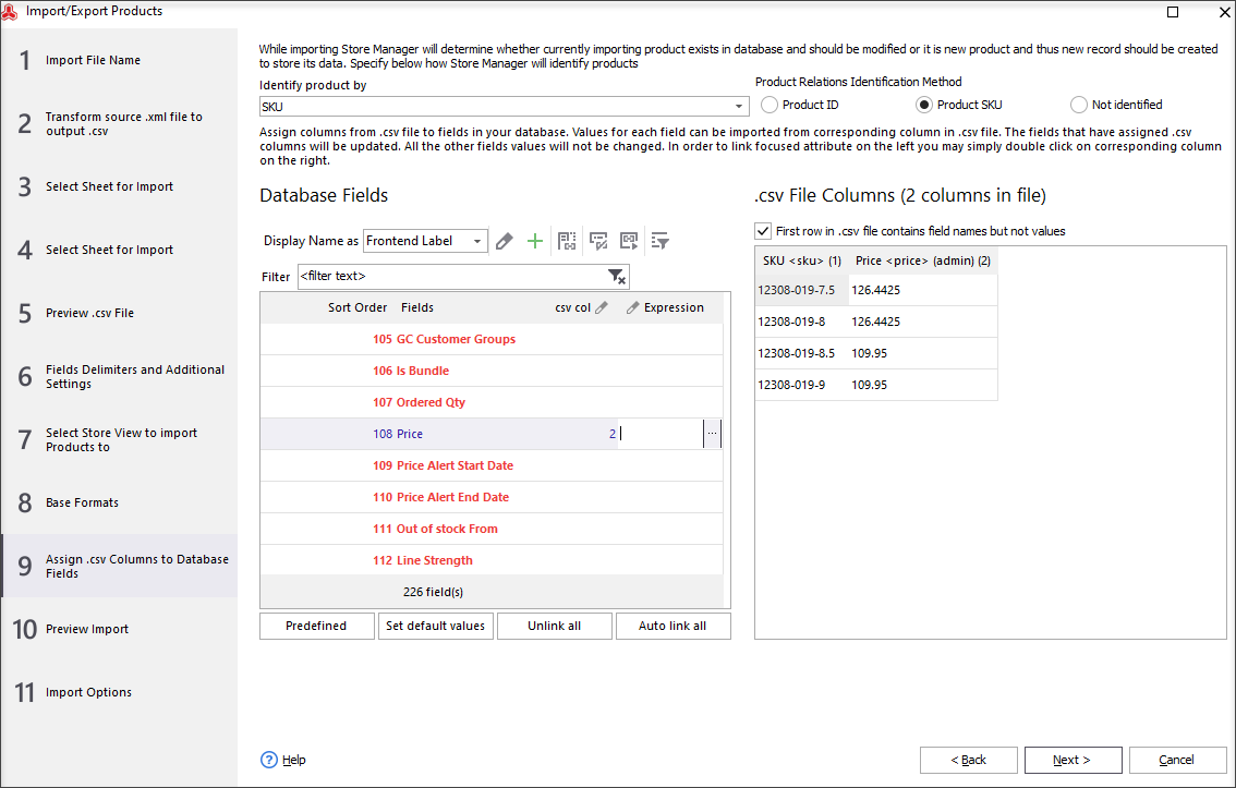 Assign CSV columns to database fields