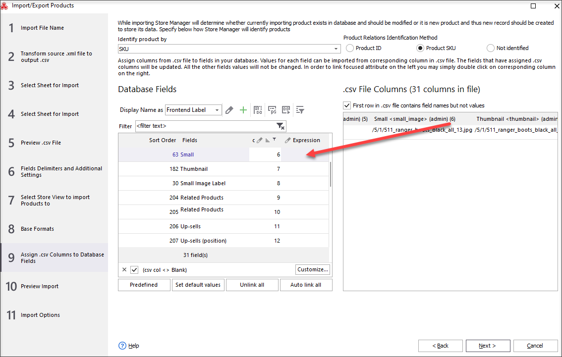 Assign small, base, thumbnail and gallery columns of CSV file to corresponding database fields