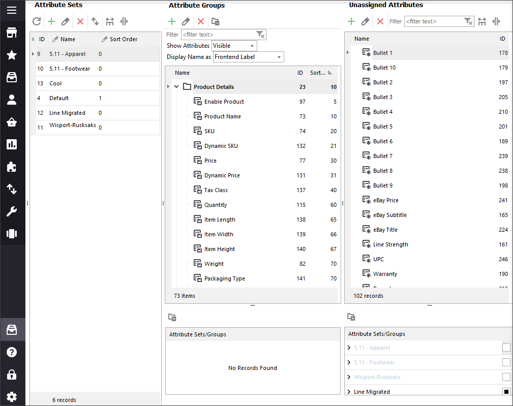 Attribute Sets, Attribute Groups and Unassigned Attributes sections