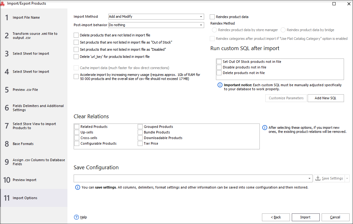 Configure import method and additional import settings if necessary