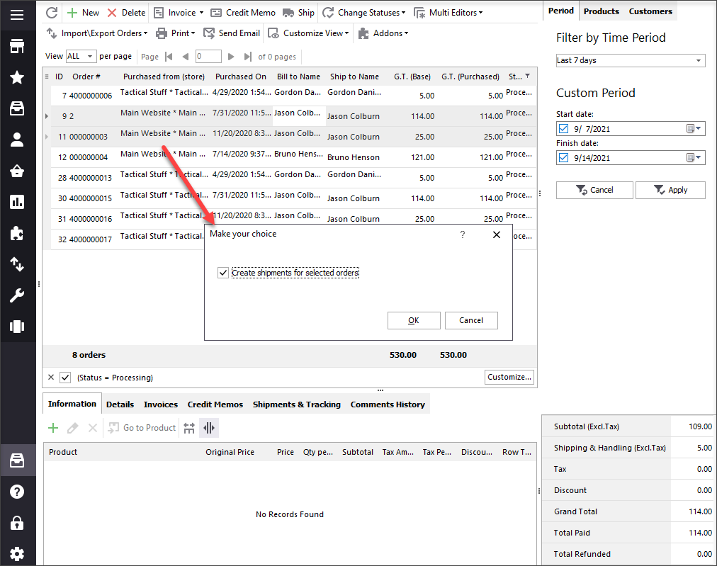 Create Shipments For Selected Orders