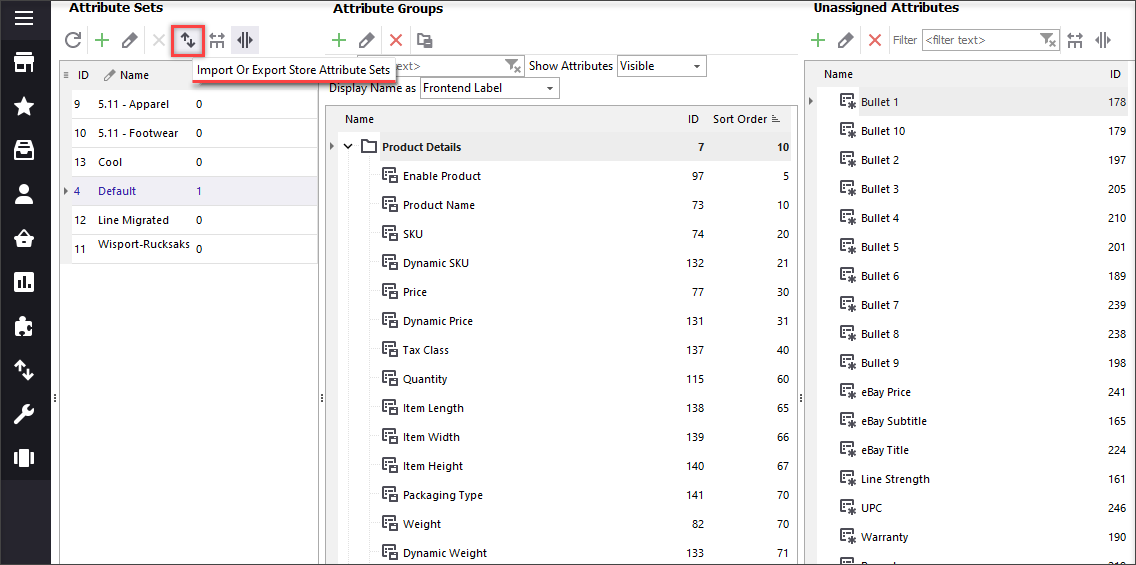 Export Attribute Sets in Attributes Section