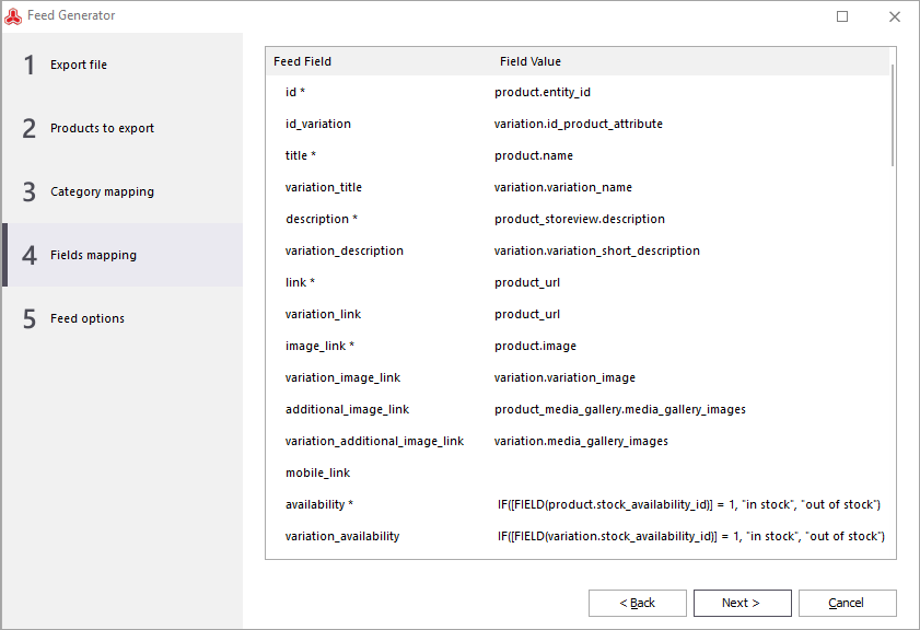 Feed Generator Fields Mapping