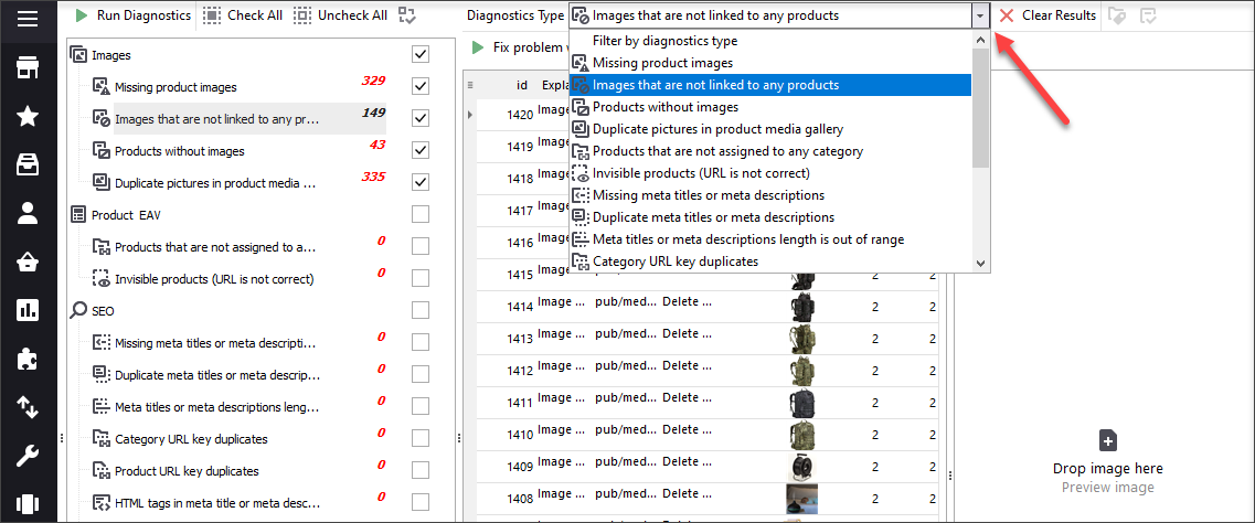 From the 'Diagnostics type' dropdown select necessary one and check the list of products with broken images