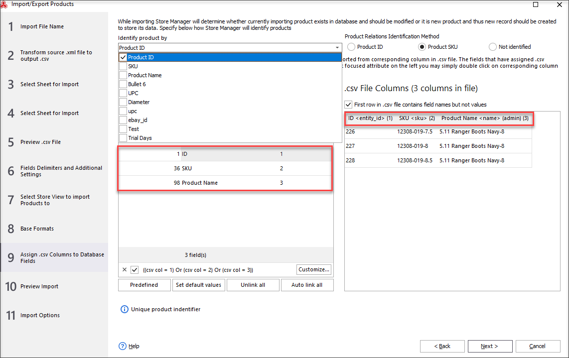 While Updating a SKU via Import Check If Columns in a File Are Mapped to Appropriate Database Fields