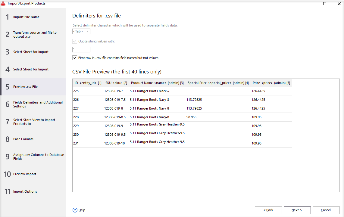 Preview .csv File and Set Delimiters for .csv File