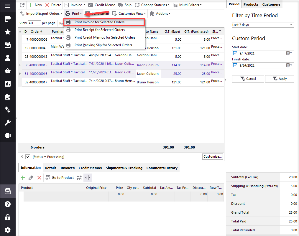 Print Invoice for Selected Orders