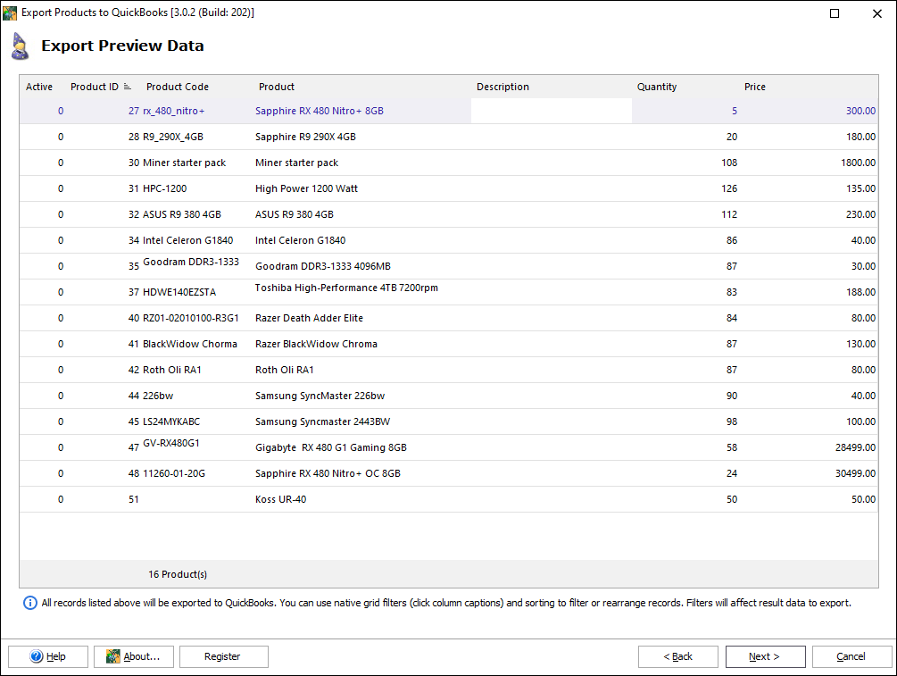 Export products from Magento to QuickBooks