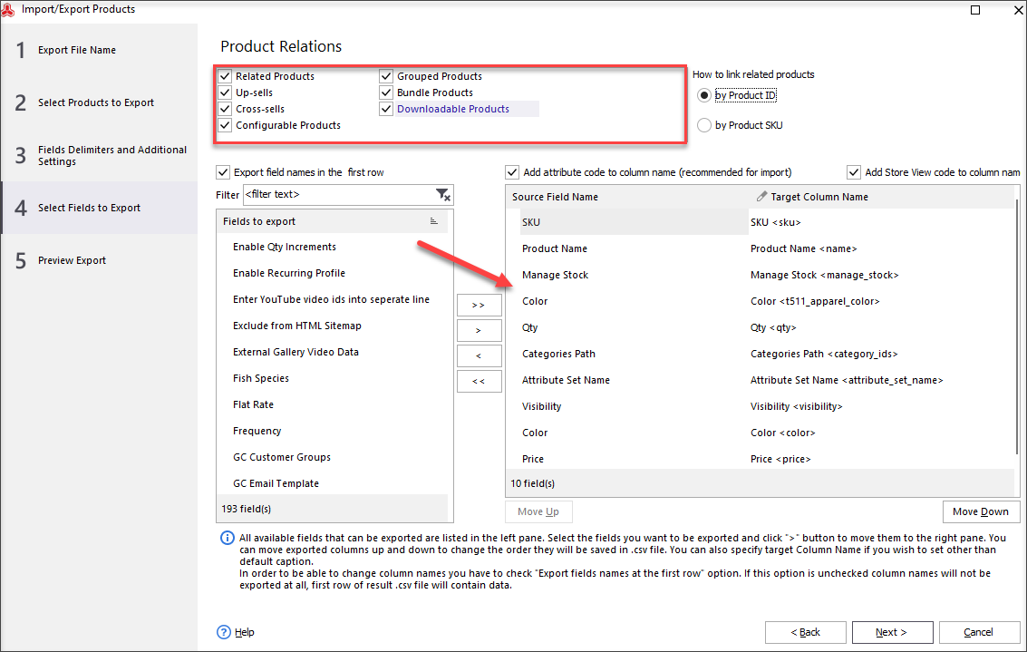 Select Fields and Product Relations to Export