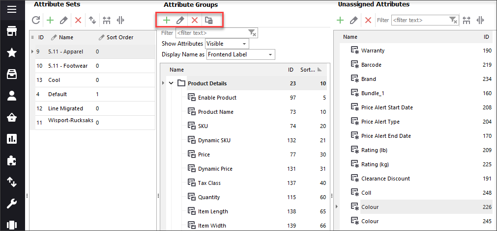 Use the Attribute Sets Toolbar to Modify Attribute Groups within Set