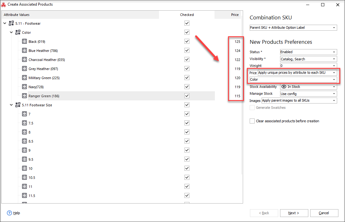 Apply unique prices by attribute to each SKU option