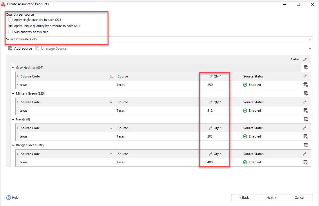 Apply unique quantity by attribute to each SKU