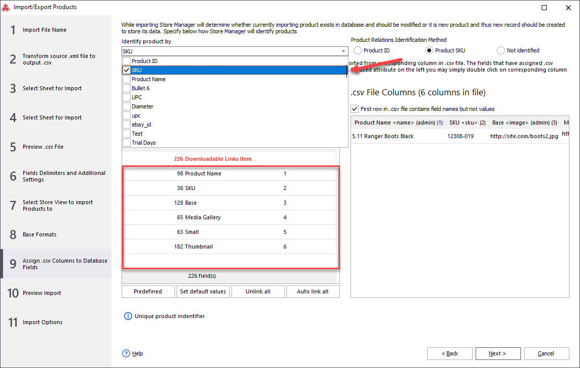 Assign .csv columns to database fields