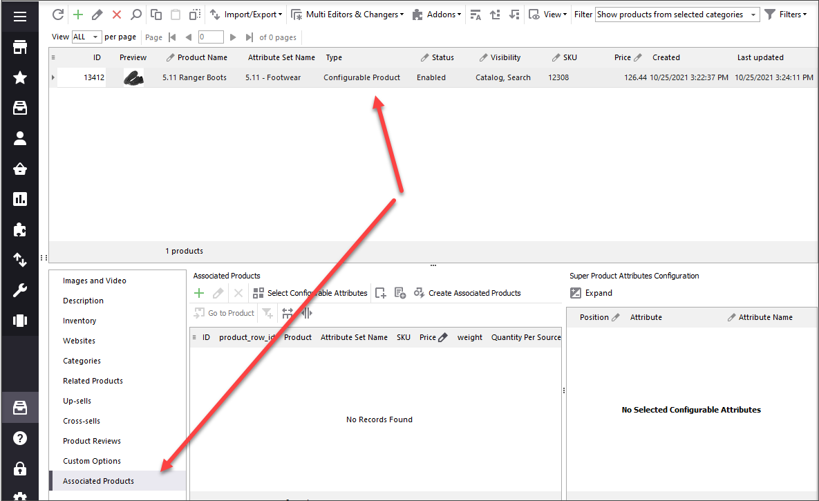 Create parent product using desired attribute set and switch to Associated Products tab in the lower grid