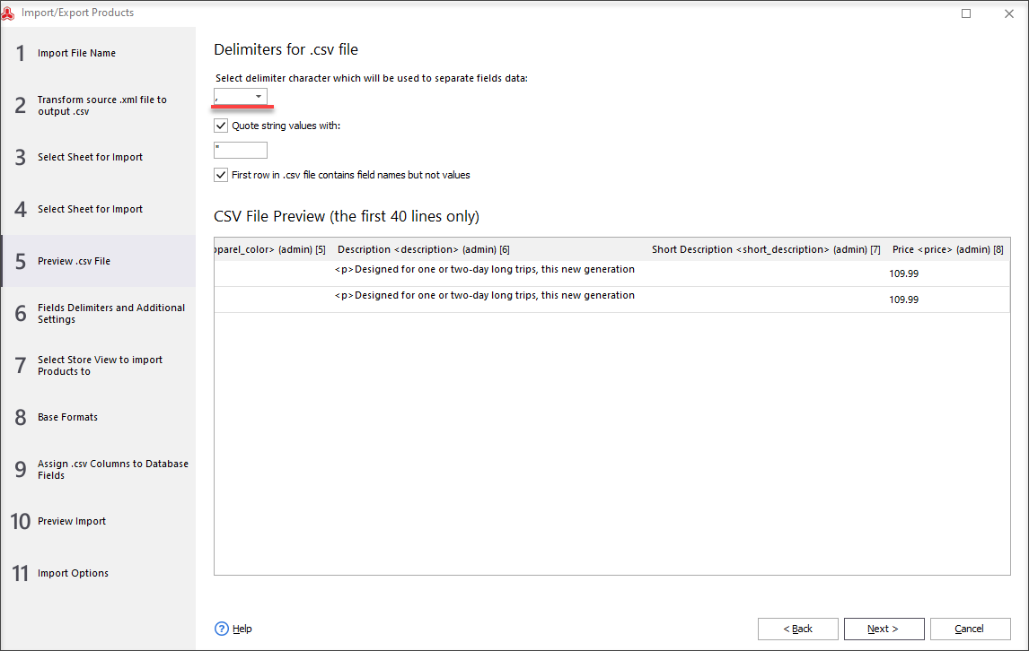 Preview .csv file and select delimiters